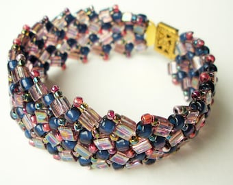 Handmade Woven Herringbone Cuff Bracelet with Blue and Pink Glass Seed Beads