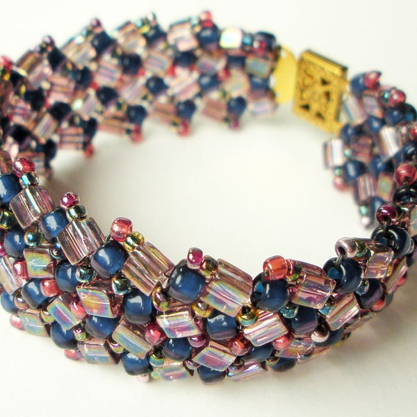 Handmade Woven Herringbone Cuff Bracelet with Blue and Pink Glass Seed Beads