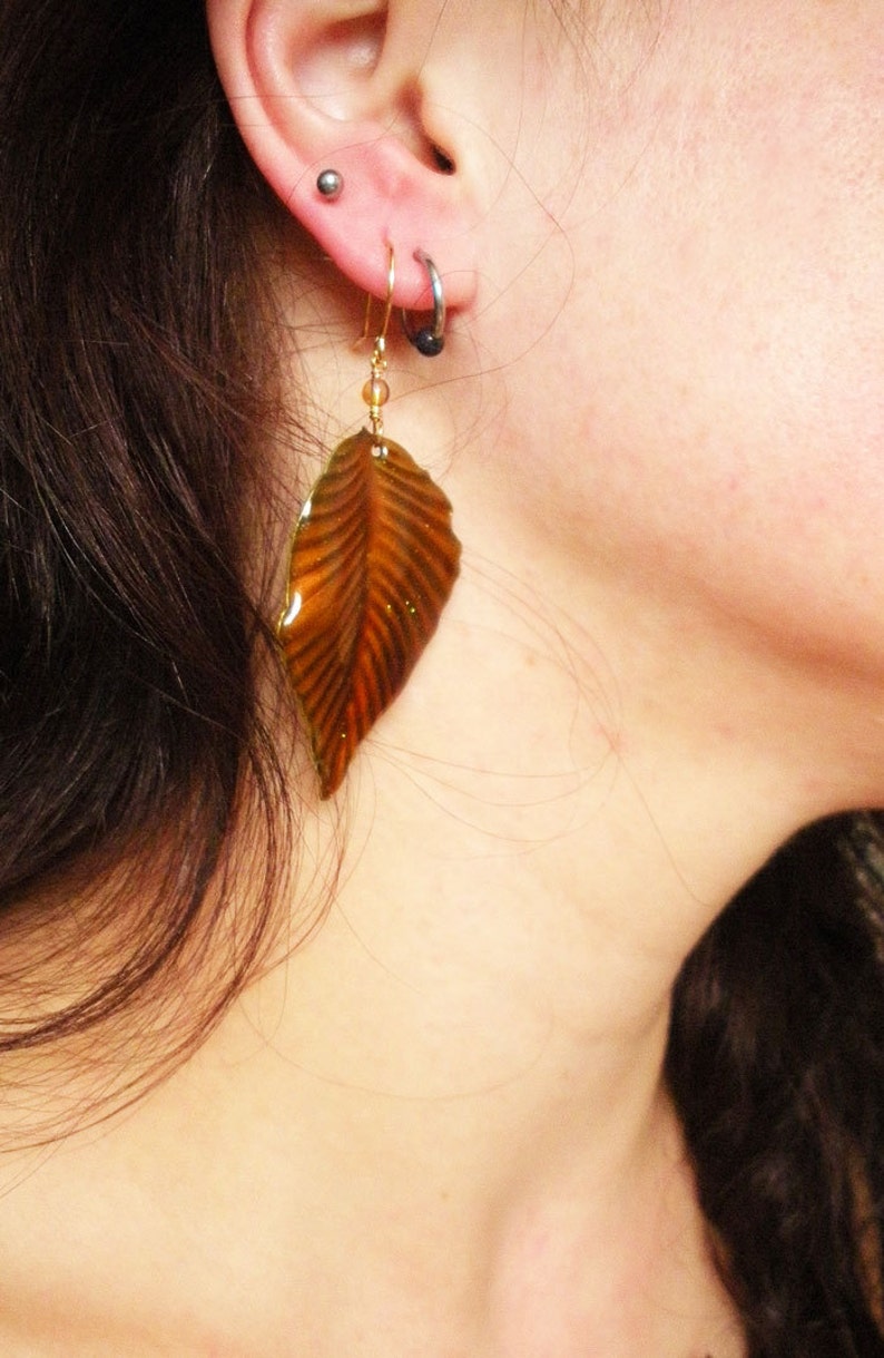 Handmade Dangle Earrings with Autumn leaves on gold wire image 5