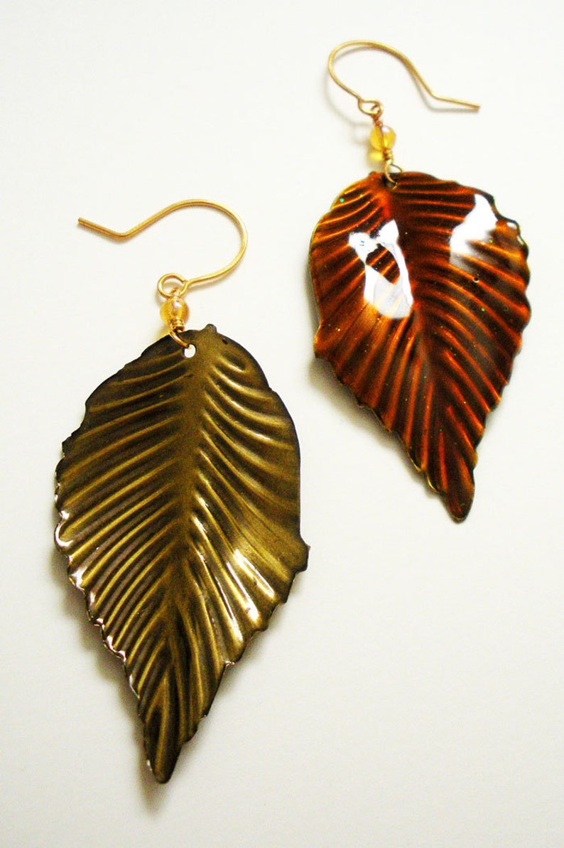 Handmade Dangle Earrings with Autumn leaves on gold wire image 3