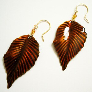 Handmade Dangle Earrings with Autumn leaves on gold wire image 1