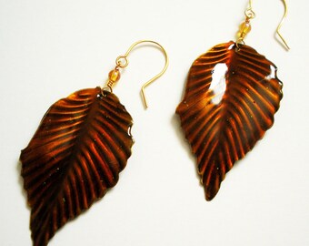Handmade Dangle Earrings with Autumn leaves on gold wire