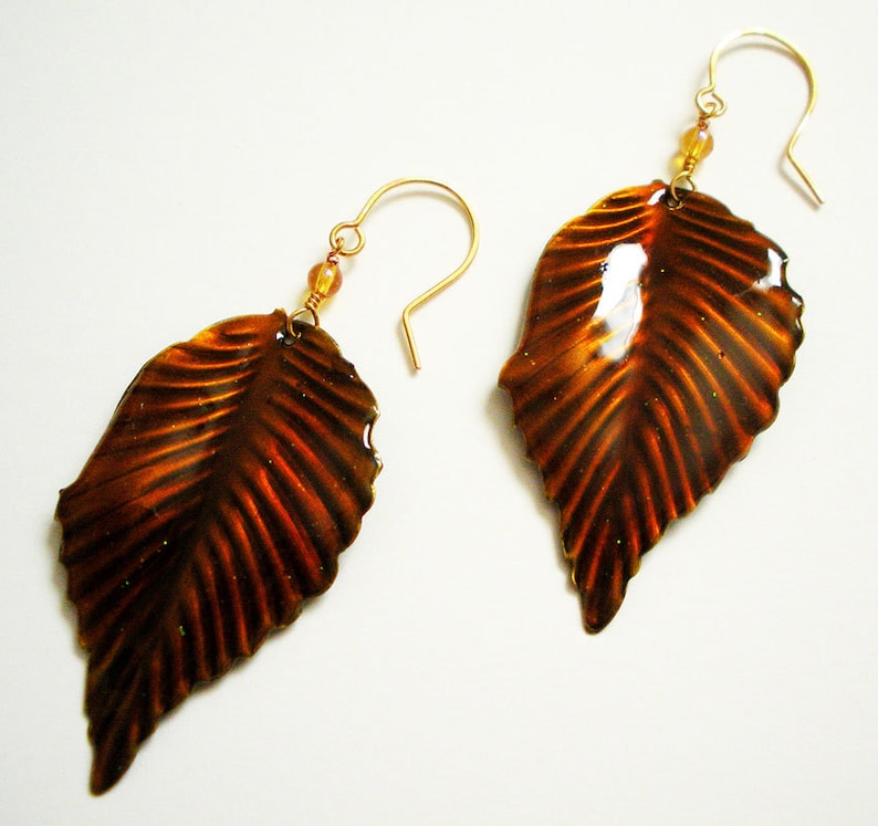 Handmade Dangle Earrings with Autumn leaves on gold wire image 1