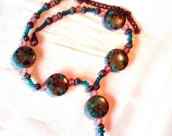 Turquoise Green Howlite Necklace with Glass and Metal beads