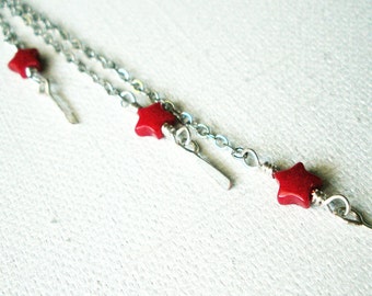 Shoulder Duster Chain Handmade Earrings with Red Stars