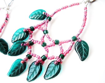 Chandelier Handmade Earrings with Magenta and Green Glass Leaf Beads