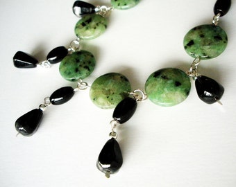 Black Agate and Green Kiwi Stone on silver Handmade Necklace