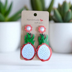 Dragon Fruit Earrings, Pitaya earrings, Tropical Earrings, Hawaii, Vacation, Farmers Market, Foodie Earrings, Gardener Gift