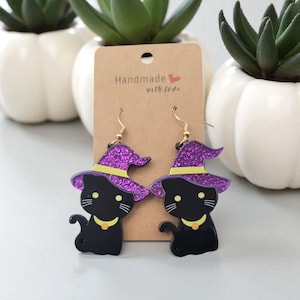 Cat Witch Halloween Earrings, Cat Earrings, Witch Earrings