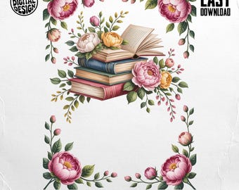 Books Png, Floral Books Clipart, Peonies Png, Book Lover Png, Digital Download Png, Book Stack Png, Teacher Png
