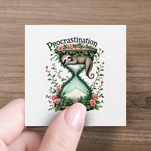 Süßer Faultier Aufschub Aufkleber, Blumen Sanduhr Illustration, lustiger inspirierender Vinyl Aufkleber, perfekt für Laptops und Notebooks