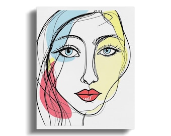 Modern Abstract Face Line Art, Minimalist Wall Decor, Contemporary Canvas Prints, Colorful Artwork for Home, Living Room Decor