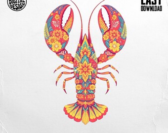 Floral Lobster Png, Lobster Clipart, Sea Life Png, Boho Lobster, Ocean Png, Summer Png, Digital Download Png, Digital