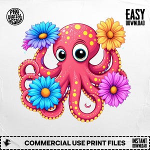 Octopus Png, Floral Octopus Png, Cute Octopus, Sea Animal Png, Flower Png, Cartoon Png, Digital Download Png, Octopus Clipart