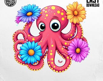Octopus Png, Floral Octopus Png, Cute Octopus, Sea Animal Png, Flower Png, Cartoon Png, Digital Download Png, Octopus Clipart