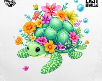Floral Turtle PNG, Cute Turtle Clipart, Turtle With Flowers, Sea Turtle Png, Sublimation Png, Digital Download Png