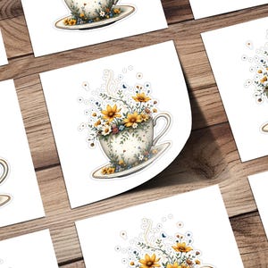 Floral Teacup Sticker Pack, Cute Coffee Cup Stickers, Flower Tea Cup Decal, Vintage Floral Mug Sticker, Coffee Lover Gift