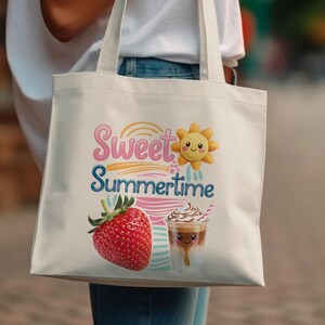Sweet Summertime Tote Bag, Cute Strawberry and Iced Coffee Design, Summer Sunshine Tote Bag, Fun Casual Bag for Summer Outings
