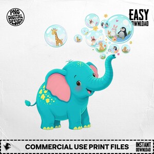 Elephant Blowing Bubbles PNG, Cute Animals Png, Cartoon Elephant Clipart, Baby Elephant Png, Digital Download