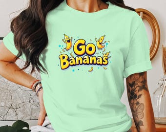 Camiseta con estampado "Go Bananas", divertida camiseta de dibujos animados, diseño de fruta divertida, adorable camiseta de plátano, unisex para niños y adultos, ropa informal.