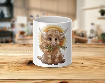 Caneca fofa de vaca das Terras Altas, Caneca adorável de vaca com girassol, Presente kawaii para amantes de vacas, Caneca engraçada de animal, Caneca de café exclusiva, Presente fofo para amigos