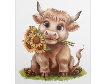 Cute Highland Cow with Sunflowers Poster, Adorable Animal Wall Art, Farmhouse Decor, Kids Room Decor, Nursery Wall Art, Gift for Kids