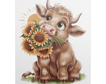 Adorable Cow with Sunflowers Poster, Cute Farm Animal Wall Art Print, Nursery Decor, Whimsical Children's Room Decoration