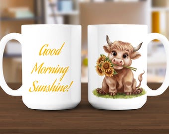 Cute Cow Mug, Highland Cow with Sunflowers, Adorable Cow Art Cup, Coffee Mug for Animal Lovers, Farmhouse Kitchen Decor Gift