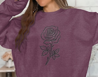 Floral Rose Sweatshirt, Artistic Flower Design Top, Cozy Casual Wear, Elegant Black and White Pattern, Perfect Gift for Her