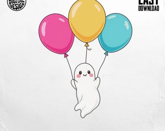Cute Ghost Png, Balloons Png, Kawaii Ghost, Spooky Season Png, Halloween Ghost Png, Sublimation Png, Digital Download