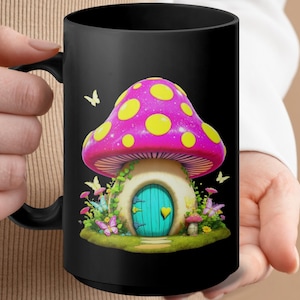 Cute Fantasy Mushroom House Mug, Whimsical Fairy Cottage Design Mug, Colorful and Fun Coffee Cup, Perfect Gift for Nature Lovers