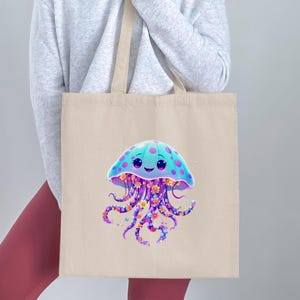 Colorful Jellyfish Tote Bag, Cute Ocean Creature Bag, Floral Tentacles Beach Bag, Adorable Jellyfish Design Tote