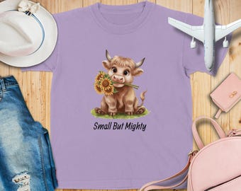 T-shirt con mucca carina e girasoli, adorabile maglietta con grafica di animali, regalo divertente per bambini e adulti, maglietta casual unica, mucca delle Highlands