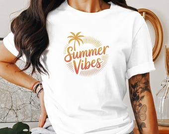 Summer Vibes T-Shirt, Beach Palm Tree Tee, Sunshine Graphic Top, Retro Summer Vacation Shirt, Fun Casual Summer Wear