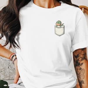 Cute Dinosaur Pocket Tee, Adorable Dino Graphic T-Shirt, Fun Kids Cartoon Dinosaur Print Top, Funny Dinosaur Gift Shirt