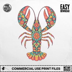 Floral Lobster Png, Mandala Lobster Digital Download, Ocean Png, Colorful Lobster, Lobster Clipart, Sublimation Png, Digital Download