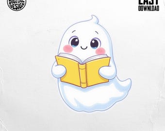 Fantasma lindo PNG, fantasma leyendo, clipart de fantasma de libro, temporada espeluznante PNG, descarga digital de Halloween PNG