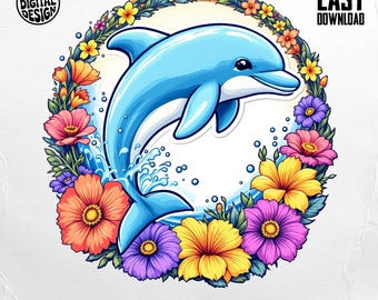 Delfín PNG, Clipart de delfín, Delfín floral, Corona de flores, Océano PNG, Animal marino PNG, Sublimación PNG, Descarga digital