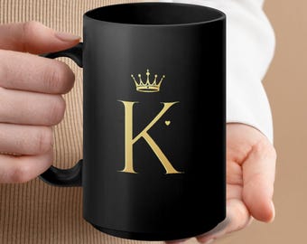 Golden King Monogram Mug, Crown Design Mug for Royalty Lovers, Gift for Him, Majestic Tea or Coffee Mug, Elegant Monarch Mug