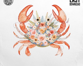 Floral Crab Png, Crab Clipart, Flower Png, Summer Png, Boho Crab, Watercolor Crab, Sublimation Png, Digital Download