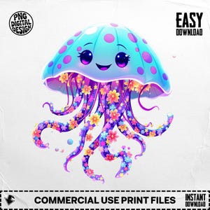 Jellyfish Png, Floral Jellyfish, Ocean Png, Sea Life Clipart, Cute Jellyfish, Sublimation Png, Digital Download Png, Digital Art