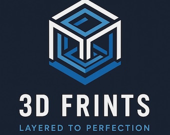 May include: A logo for a 3D printing company called "3D FRINTS" with the tagline "LAYERED TO PERFECTION". The logo features a blue and white 3D cube design.