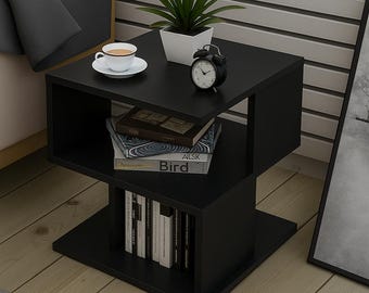 Personalized Modern Wood Side Table: Minimalist Nightstand, Bookshelf & Plant Stand