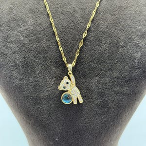Gold tone Bear Pendant Necklace | Sparkling Crystal Bear with Blue Charm | Cute Animal Jewelry for Her | Kawaii Gift | Luffa Jewelry