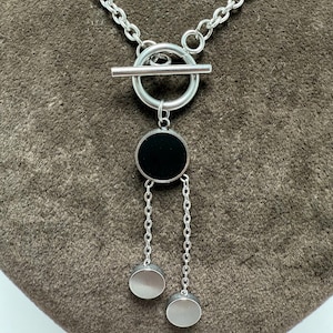Modern Toggle Necklace – Silver-Tone Stainless Steel Chain with Black Circle Pendant & Drop Charms, Edgy Fashion Jewelry for Women