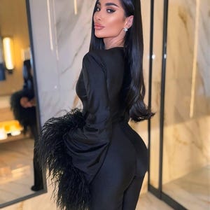 Feather Trim Flared Jumpsuit Deep V-Neck Long Sleeve Party Outfit Glamorous Wide Leg Evening Romper for Women