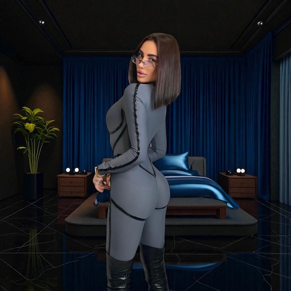 Gray Leather Striped Jumpsuit: Bodycon Long Sleeve Catsuit