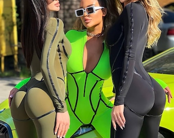 Leather Striped Jumpsuit Women, Full Body Catsuit Long Sleeve, Bodycon Fashion Streetwear, Sporty Glam Night Out Outfit