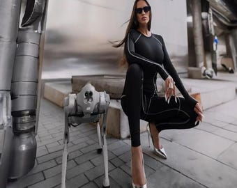 Futuristic Black Jumpsuit Women, Cyberpunk Bodycon Catsuit, Streetwear One Piece Outfit, Techwear Romper, Edgy Party Overall
