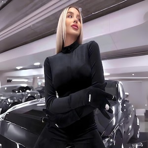 Schwarzer Frauen Seidensamt Jumpsuit mit Handschuhen, Slim Fit Bodysuit, Langarm Sport, Catsuit Frauen, Bodycon, Bodysuit Frauen, Overall, Strampler